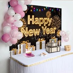 Lofaris Black and Gold Happy New Year Party Backdrop with Fireworks Balloons and Gifts for Festive Celebration Decor