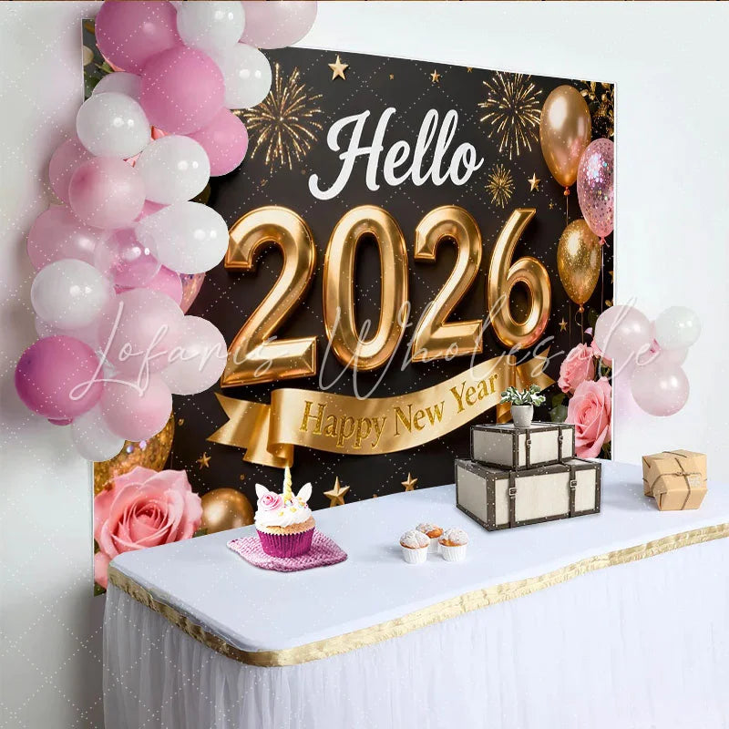 Lofaris Black and Gold Hello 2026 Happy New Year Party Backdrop with Pink Roses Balloons and Fireworks