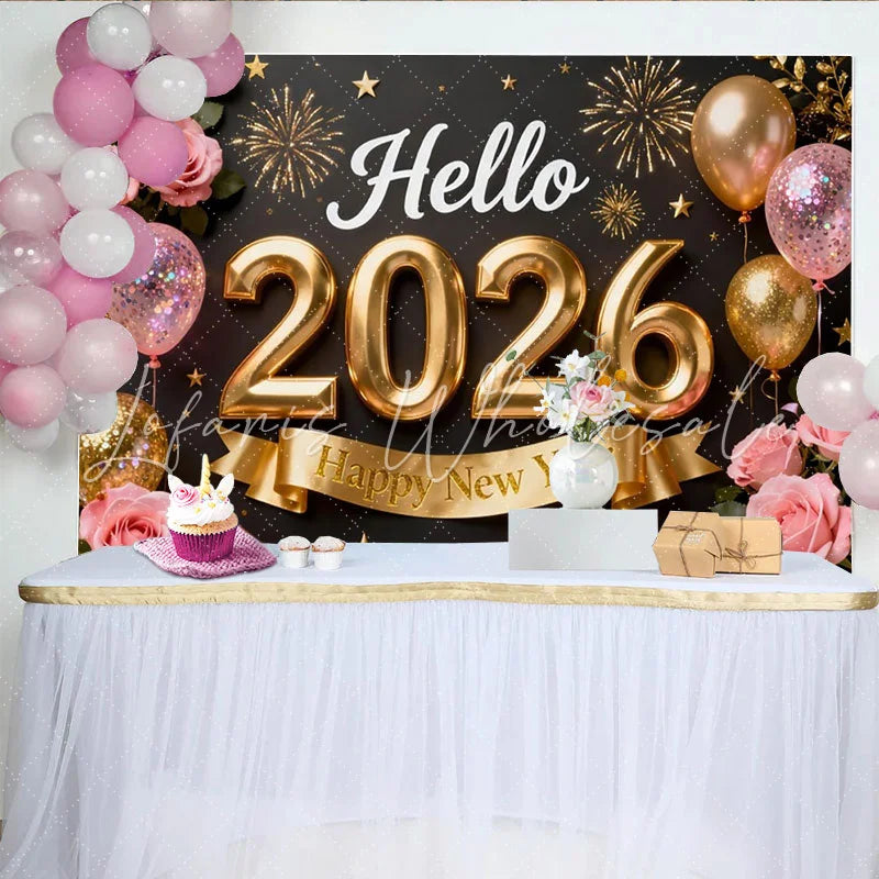 Lofaris Black and Gold Hello 2026 Happy New Year Party Backdrop with Pink Roses Balloons and Fireworks