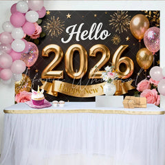 Lofaris Black and Gold Hello 2026 Happy New Year Party Backdrop with Pink Roses Balloons and Fireworks