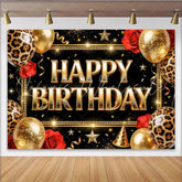 Lofaris Black and Gold Leopard Print Birthday Backdrop with Balloons and Roses Elegant Party Background for Women and Girls Photoshoot