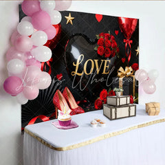 Lofaris Black and Gold Love Heart Balloon Party Backdrop with Red Roses Elegant Valentine’s Day Celebration Decor
