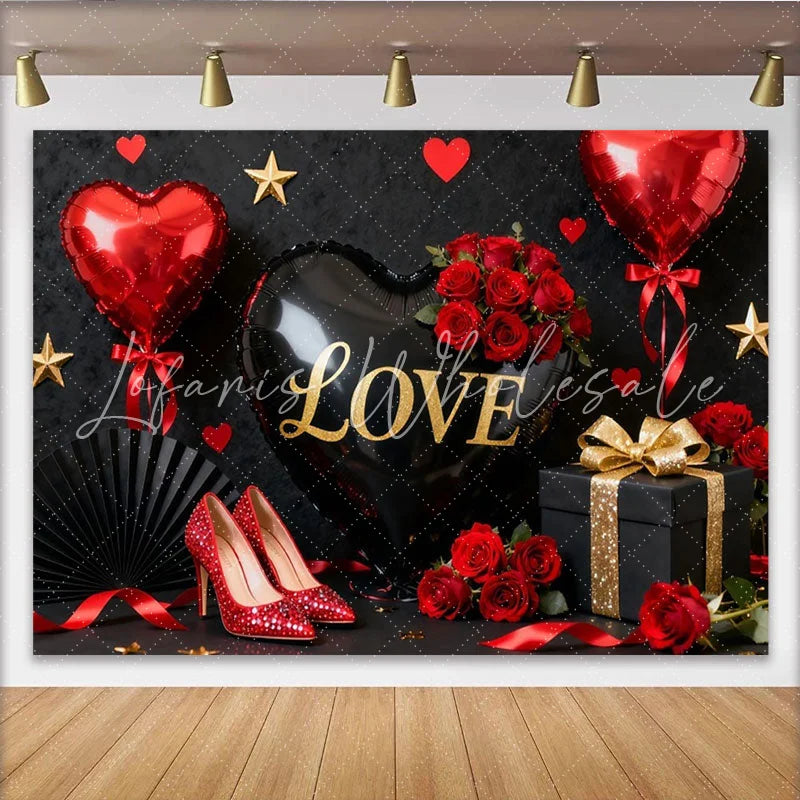 Lofaris Black and Gold Love Heart Balloon Party Backdrop with Red Roses Elegant Valentine’s Day Celebration Decor