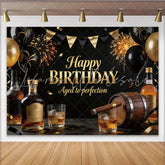Lofaris Black and Gold Men’s Birthday Backdrop with Whiskey and Cigar Aged to Perfection Party Decor for Adult Celebration Photoshoot