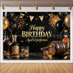 Lofaris Black and Gold Men’s Birthday Backdrop with Whiskey and Cigar Aged to Perfection Party Decor for Adult Celebration Photoshoot