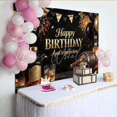 Lofaris Black and Gold Men’s Birthday Backdrop with Whiskey and Cigar Aged to Perfection Party Decor for Adult Celebration Photoshoot