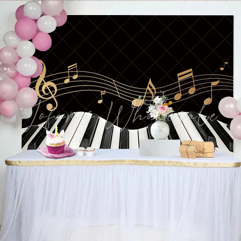 Lofaris Black and Gold Piano Keyboard Music Photography Backdrop Elegant Musical Notes Background for Studio Photoshoot and Party Decor