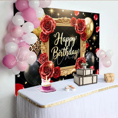 Lofaris Black and Gold Rose Birthday Backdrop with Balloons and Leopard Print Luxurious Party for Women and Girls Photography