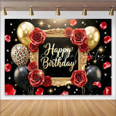 Lofaris Black and Gold Rose Birthday Backdrop with Balloons and Leopard Print Luxurious Party for Women and Girls Photography