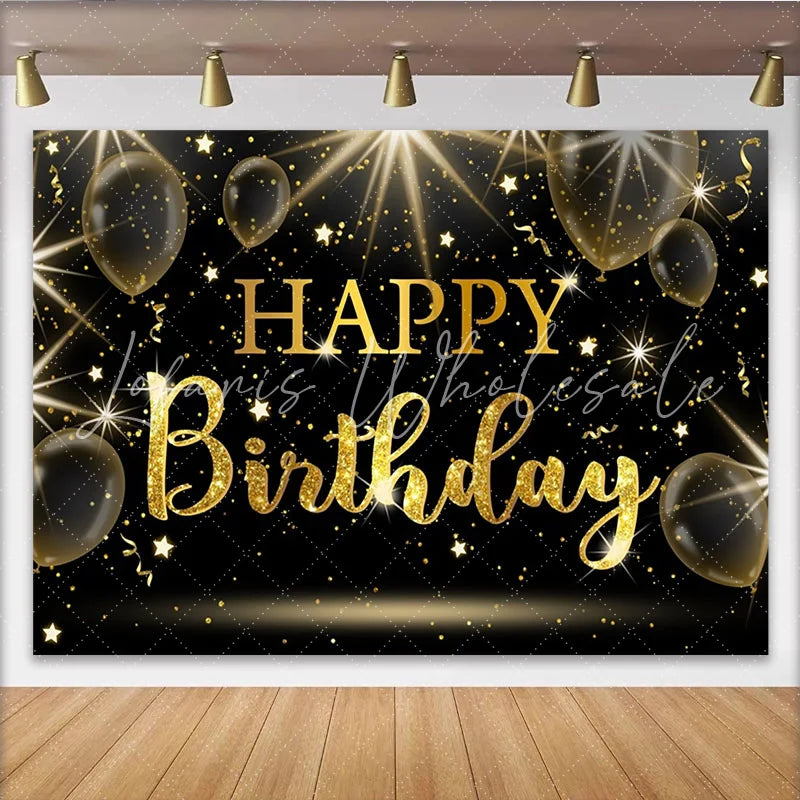 Lofaris Black and Gold Sparkling Glitter Happy Birthday Backdrop Elegant Party Background with Balloons and Stars for Decor