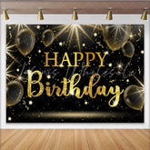 Lofaris Black and Gold Sparkling Glitter Happy Birthday Backdrop Elegant Party Background with Balloons and Stars for Decor