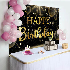 Lofaris Black and Gold Sparkling Glitter Happy Birthday Backdrop Elegant Party Background with Balloons and Stars for Decor