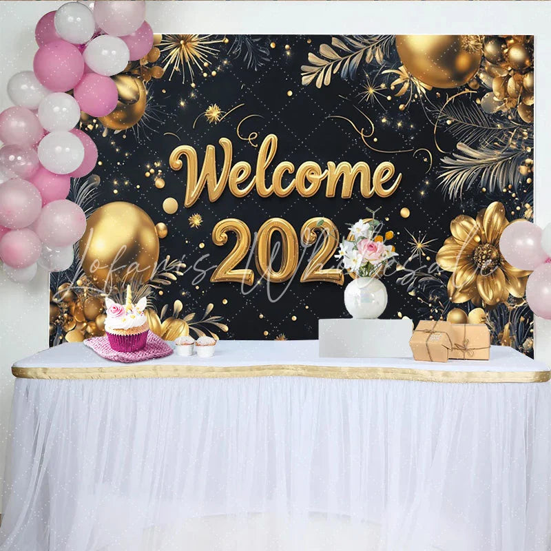 Lofaris Black and Gold Welcome 2026 New Year Backdrop Elegant Golden Flowers and Balloons Party Decor