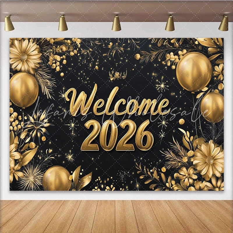 Lofaris Black and Gold Welcome 2026 Party Backdrop Elegant New Year Celebration with Balloons and Flowers