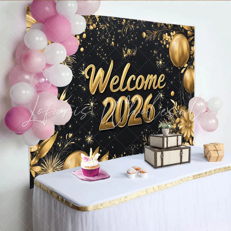 Lofaris Black and Gold Welcome 2026 Party Backdrop Elegant New Year Celebration with Balloons and Flowers