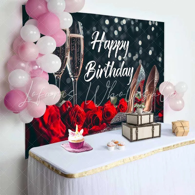 Lofaris Black and Red Happy Birthday Backdrop with Champagne Flutes Roses and Glitter High Heels Elegant Party Decor