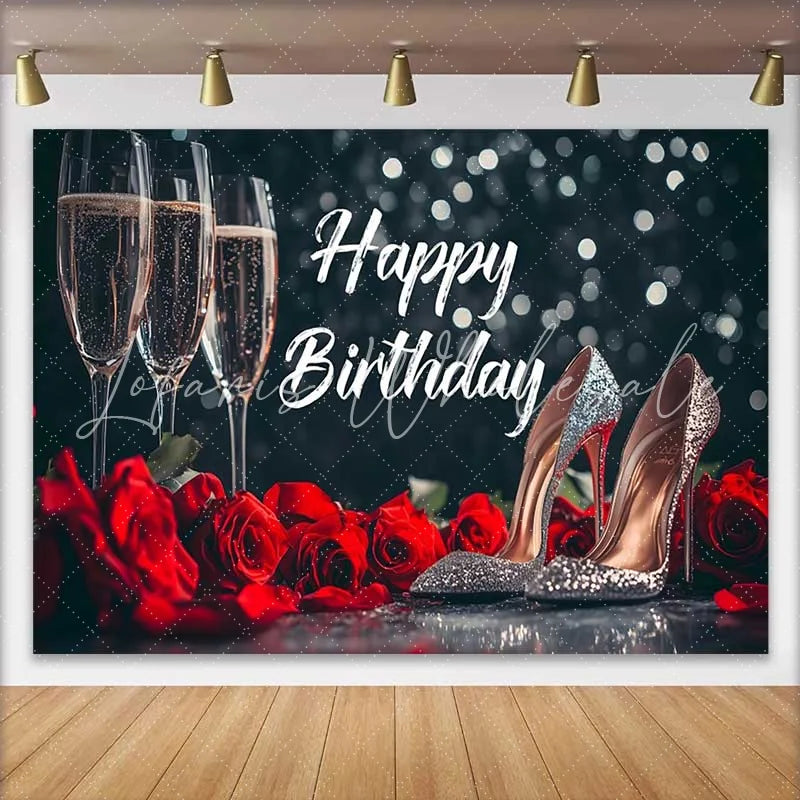 Lofaris Black and Red Happy Birthday Backdrop with Champagne Flutes Roses and Glitter High Heels Elegant Party Decor