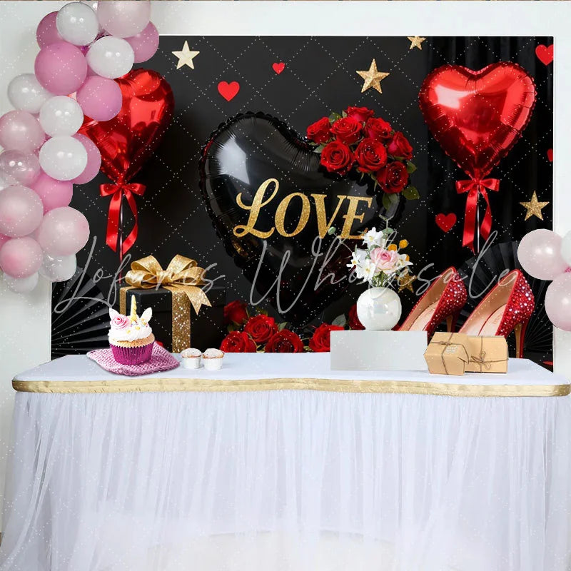 Lofaris Black and Red Love Heart Balloons Gold Glitter Roses Party Backdrop Elegant Valentine’s Day Celebration