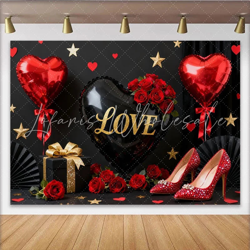 Lofaris Black and Red Love Heart Balloons Gold Glitter Roses Party Backdrop Elegant Valentine’s Day Celebration