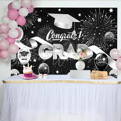 Lofaris Black and Silver Graduation Backdrop with Fireworks Congrats Grad Balloons and Cap for Party Decor Photo Booth Prop