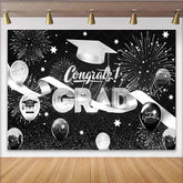 Lofaris Black and Silver Graduation Backdrop with Fireworks Congrats Grad Balloons and Cap for Party Decor Photo Booth Prop