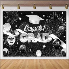 Lofaris Black and Silver Graduation Backdrop with Fireworks Congrats Grad Balloons and Cap for Party Decor Photo Booth Prop