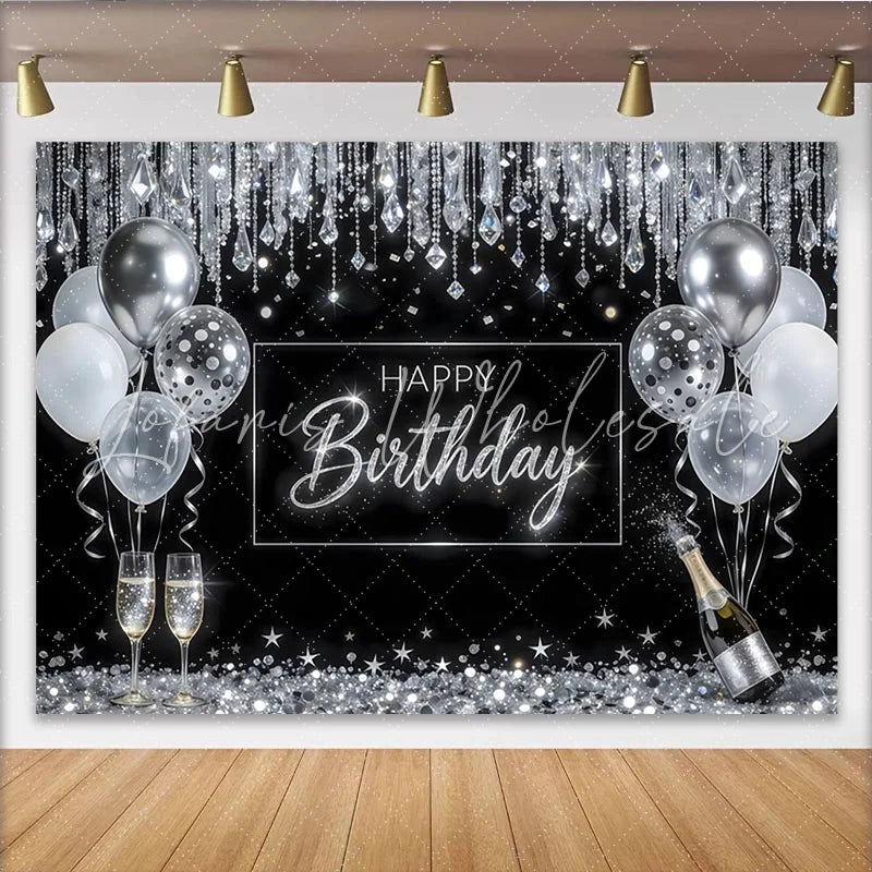 Lofaris Black and Silver Happy Birthday Backdrop with Balloons Elegant Glitter Party Decor for Photoshoot