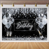 Lofaris Black and Silver Happy Birthday Backdrop with Balloons Elegant Glitter Party Decor for Photoshoot