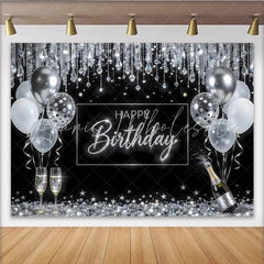 Lofaris Black and Silver Happy Birthday Backdrop with Balloons Elegant Glitter Party Decor for Photoshoot