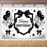 Lofaris Black and Silver Happy Birthday Backdrop with Balloons Elegant Party Background Decor for Photoshoot