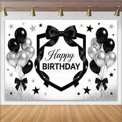 Lofaris Black and Silver Happy Birthday Backdrop with Balloons Elegant Party Background Decor for Photoshoot