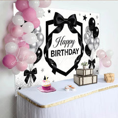Lofaris Black and Silver Happy Birthday Backdrop with Balloons Elegant Party Background Decor for Photoshoot