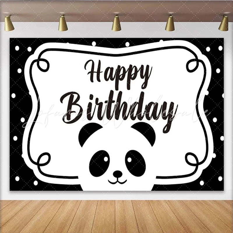 Lofaris Black and White Panda Happy Birthday Backdrop Polka Dots Party Background for Kids