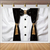 Lofaris Black and White Tuxedo Photography Backdrop with Gold Bow Tie Elegant Formal Event Photo Booth Background