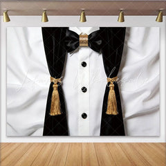 Lofaris Black and White Tuxedo Photography Backdrop with Gold Bow Tie Elegant Formal Event Photo Booth Background
