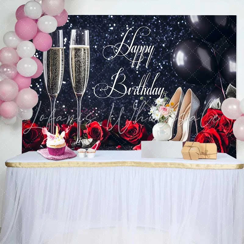 Lofaris Black Glitter Happy Birthday Backdrop with Champagne Red Roses and Silver High Heels for Elegant Celebration