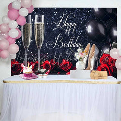 Lofaris Black Glitter Happy Birthday Backdrop with Champagne Red Roses and Silver High Heels for Elegant Celebration