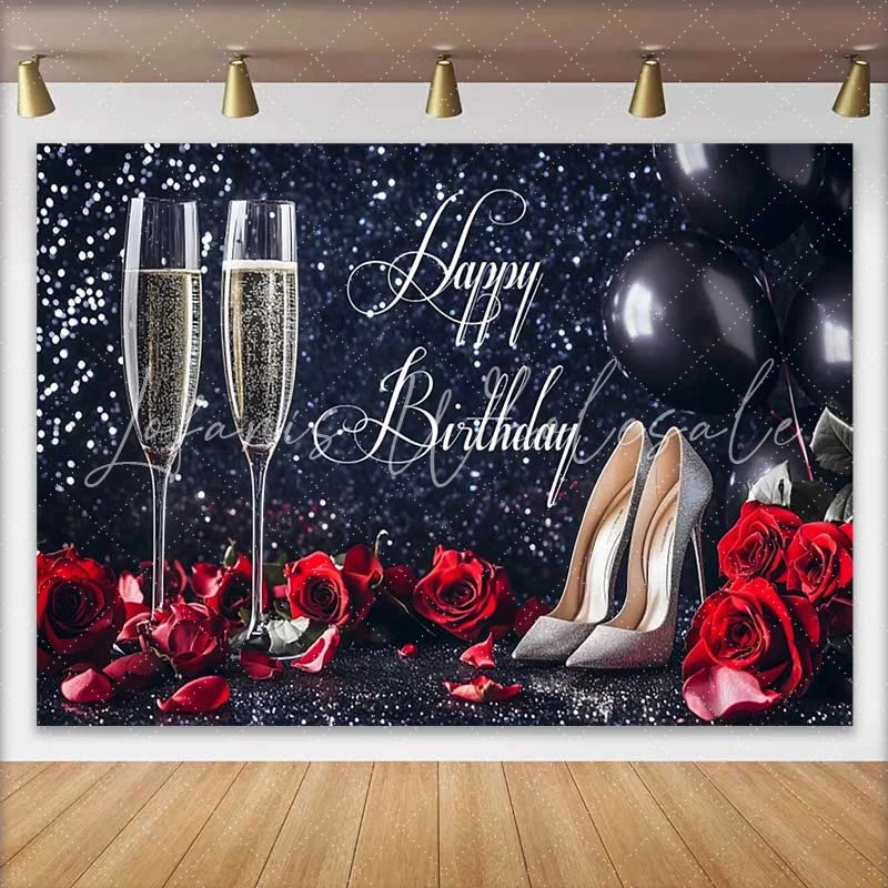 Lofaris Black Glitter Happy Birthday Backdrop with Champagne Red Roses and Silver High Heels for Elegant Celebration