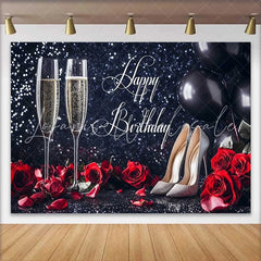 Lofaris Black Glitter Happy Birthday Backdrop with Champagne Red Roses and Silver High Heels for Elegant Celebration