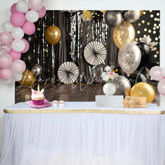 Lofaris Black Gold and Silver Cake Smash Backdrop Sparkly Bokeh Lights and Balloons Birthday Photography Background