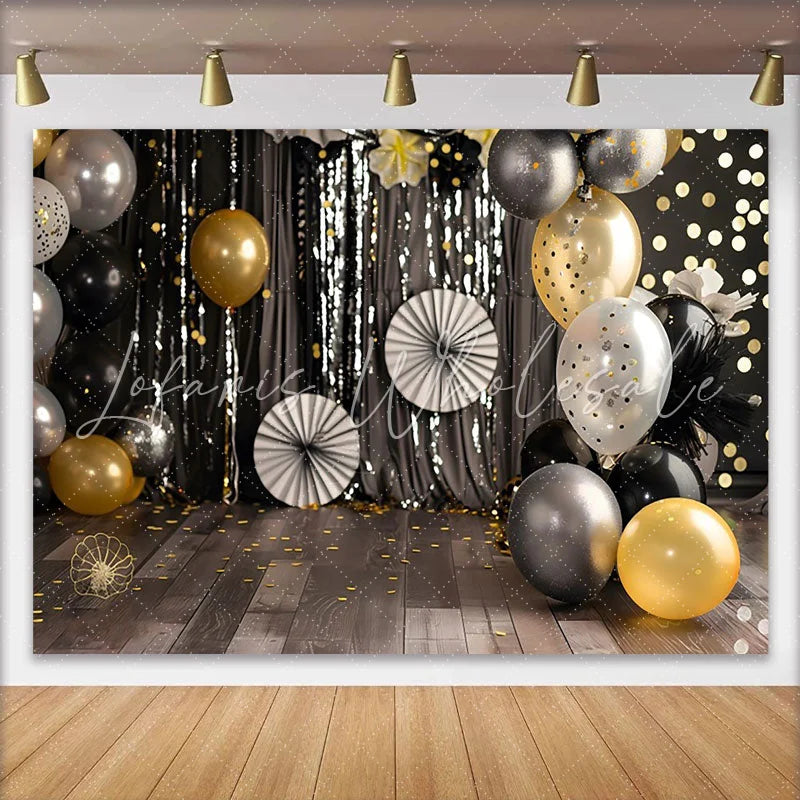 Lofaris Black Gold and Silver Cake Smash Backdrop Sparkly Bokeh Lights and Balloons Birthday Photography Background