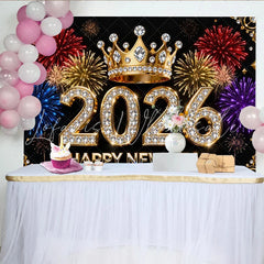 Lofaris Black Gold Diamond 2026 Happy New Year Party Backdrop with Crown and Colorful Fireworks New Year’s Eve Celebration