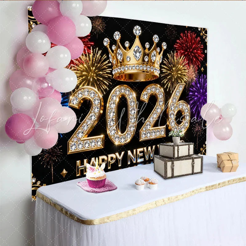 Lofaris Black Gold Diamond 2026 Happy New Year Party Backdrop with Crown and Colorful Fireworks New Year’s Eve Celebration