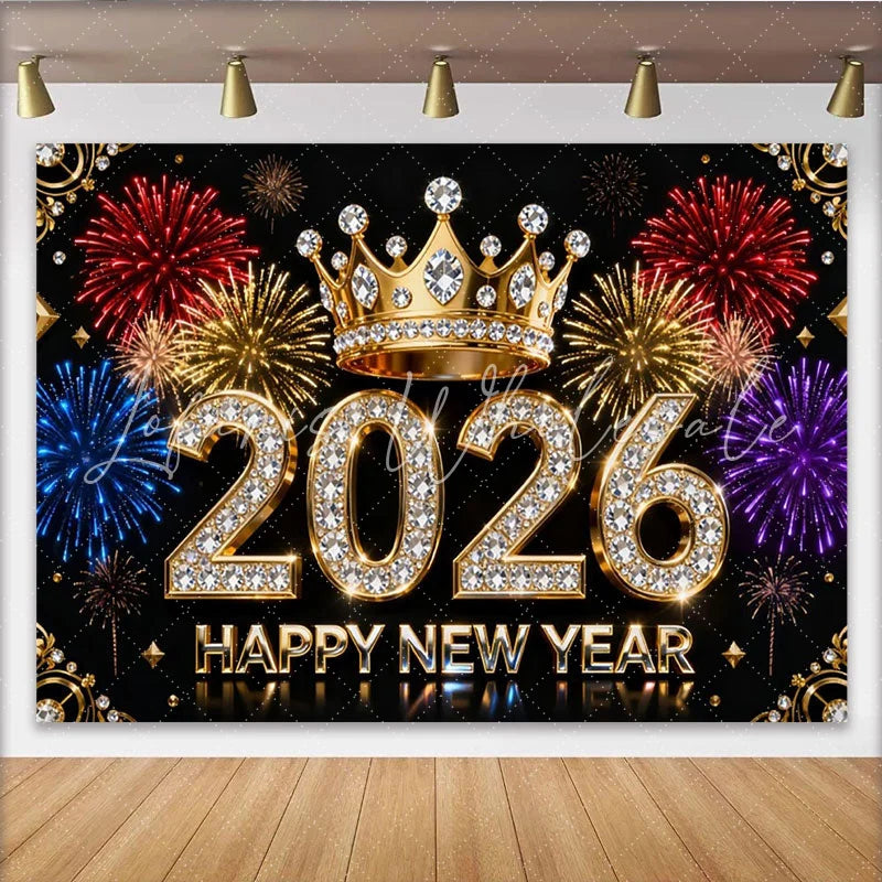 Lofaris Black Gold Diamond 2026 Happy New Year Party Backdrop with Crown and Colorful Fireworks New Year’s Eve Celebration
