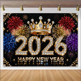 Lofaris Black Gold Diamond 2026 Happy New Year Party Backdrop with Crown and Colorful Fireworks New Year’s Eve Celebration