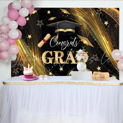 Lofaris Black Gold Glitter Graduation Backdrop with Congrats GRAD and Cap Elegant Photo Booth Background for Class of 2024 Party Decor