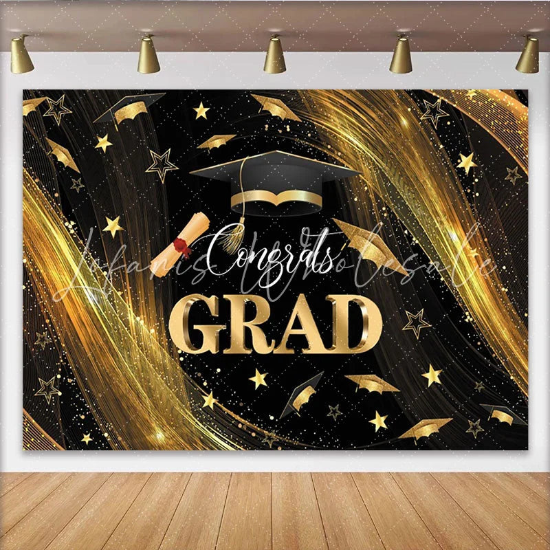 Lofaris Black Gold Glitter Graduation Backdrop with Congrats GRAD and Cap Elegant Photo Booth Background for Class of 2024 Party Decor