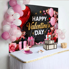 Lofaris Black Gold Happy Valentine’s Day Party Backdrop with Red Pink Hearts Roses and Gifts for Romantic Celebration