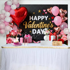 Lofaris Black Gold Happy Valentine’s Day Party Backdrop with Red Pink Hearts Roses and Gifts for Romantic Celebration