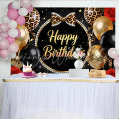 Lofaris Black Gold Leopard Print Happy Birthday Backdrop with Balloons Elegant Party Decor for Women Girls Birthday Celebration
